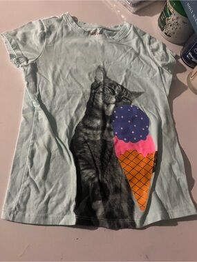 Cat & Jack Light Mint Tee with Cat and Ice Cream Graphic